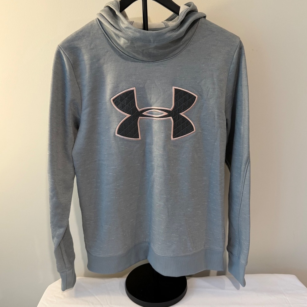 Under Armour Womens ColdGear Funnel Neck Hoodie Blue Gray Quilted Logo Medium